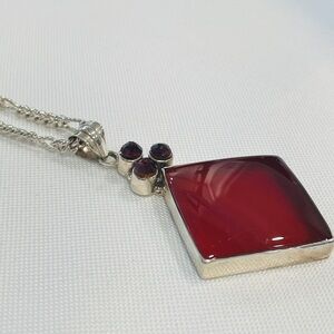 925 Sterling Silver Real Red Agate Gemstone Square Pendant